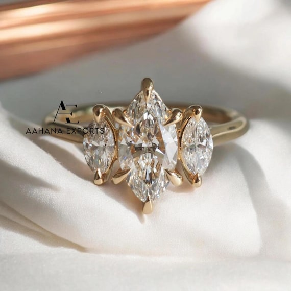 1 CT Marquise Cut Lab Grown Diamond Three Diamond Stone Ring, Engagement Ring, Side marquise Cut Diamond, Anniversary Gift, Ring for women's