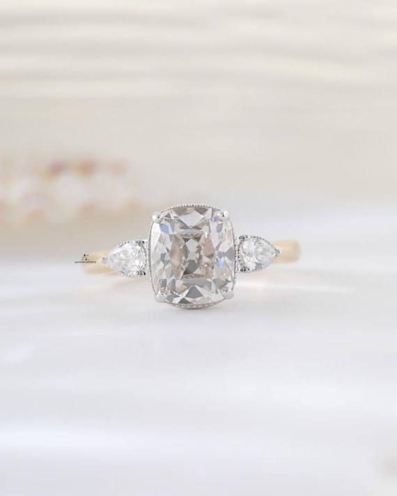 3.00CT Old Mine Cushion Cut Lab Grown Diamond Ring IGI Certified Antique Cut Engagement Ring Three Stone Pear Full Bezel Set 14K Solid Gold