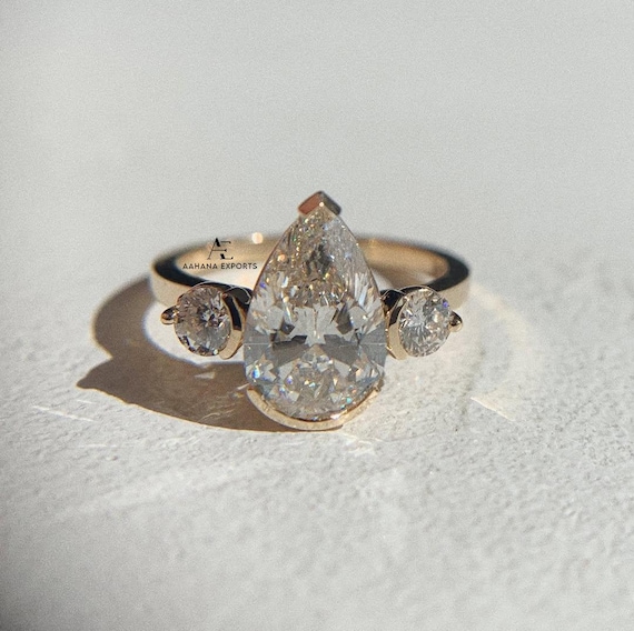 Three Stone 3 CT Pear Cut Lab-Grown Diamond Engagement Ring, Pear Cut Engagement Ring, Three Stone Ring, Three Stone Ring For Her