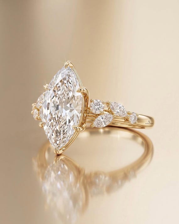 Vintage Marquise Engagement Ring, 3CT Lab Grown Diamond Ring, Marquise with Cluster Diamond Wedding Ring For Women, Anniversary Gift for Her