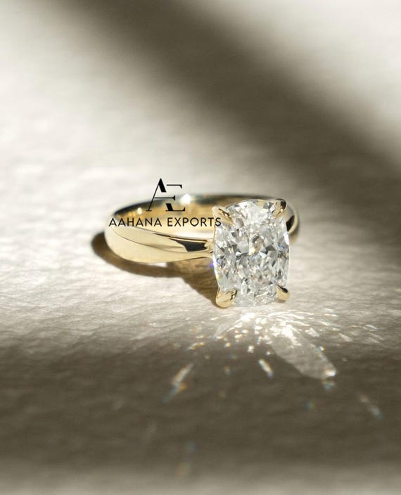 3 CT Elongated Cushion Cut Lab Diamond Ring, 14kt Yellow Gold Solitaire Engagement Ring, Minimalist Bridal Jewelry, Anniversary Gift for her