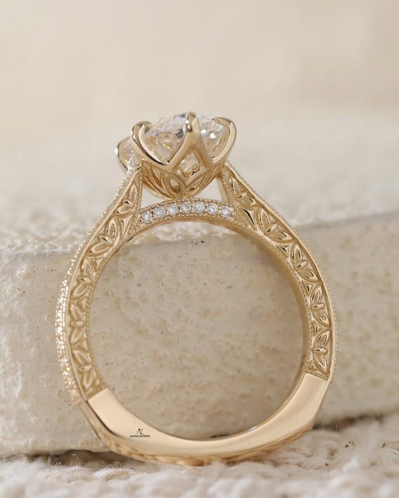 Art Deco Handcrafted Engraved Milgrain Band Crushed Ice Oval Cut Lab Grown Diamond Engagement Ring Cathedral Tulip Setting Wedding Ring