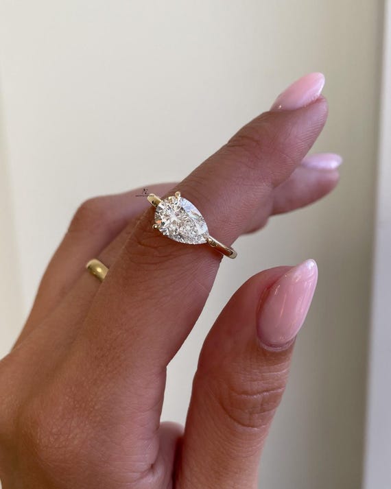 Pear Cut Lab Grown Diamond Solitaire Ring/ Eco Friendly Diamond Engagement Ring/ CVD Diamond East West Set Curved Bridal Ring/ Gift For Wife