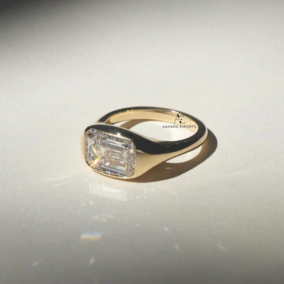 3 Carat Emerald Cut Lab Grown Diamond Engagement Ring | 14K Gold Bezel | IGI Certified | East To West Set | Anniversary Gift Ring For Her.