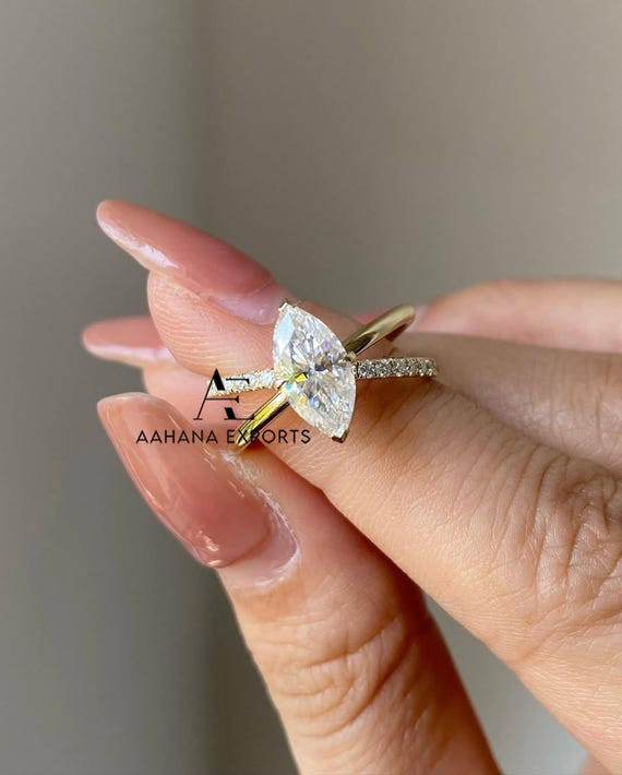 3 CT Marquise Cut Lab Grown Diamond Engagement Ring, Split Shank Ring, Double Band Solitaire IGI Certified Diamond 14K Yellow Gold Ring.