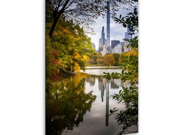 Central Park Autumn Serenity Print: NYC Skyline Reflection by the Lake,