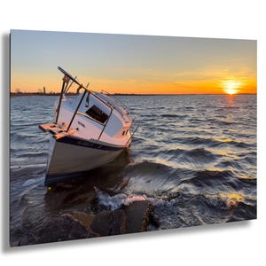 Abandoned Boat On Shore At Sunset Photo, Stranded Fishing Boat Wall Art, Beached Boat Landscape Print, Rustic Ocean Vessel Photograph