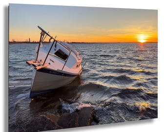 Serene Coastal Scene: Abandoned Boat at Sunset Art Print