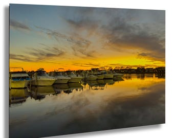 Sunset Marina Reflection Photo: Golden Light Waterfront Art