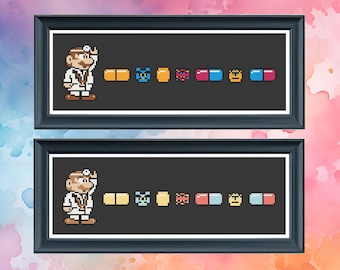May include: Two cross-stitch patterns featuring a pixelated doctor Mario character with a stethoscope and pills. The top pattern has a blue, yellow, and red color scheme. The bottom pattern has a light blue, yellow, and red color scheme.
