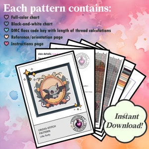 May include: A cross-stitch pattern featuring a cute cartoon bat with a pink heart and the text "Little Batty". The pattern includes a full-color chart, black-and-white chart, DMC floss code key, reference page, and instructions.