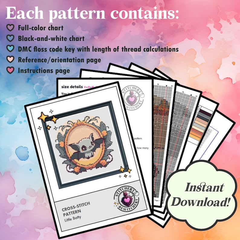 May include: A cross-stitch pattern featuring a cute cartoon bat with a pink heart and the text "Little Batty". The pattern includes a full-color chart, black-and-white chart, DMC floss code key, reference page, and instructions.