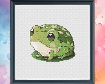 May include: A green frog with large eyes sits on a green leaf. The frog has a white belly and brown spots on its back.