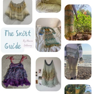 May include: A collage of images showcasing different crochet skirts and dresses in various colors and styles. The text "The Skirt Guide" and "By Maisie Delaney" is featured in the center of the collage.