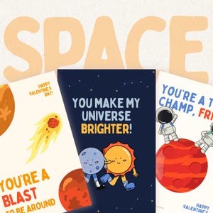 Set van 3 Valentijnsdagkaarten met ruimtethema | Afdrukbare valentijnskaart astronaut planeet voor jongens | Valentijnskaarten jongen | Digitale download