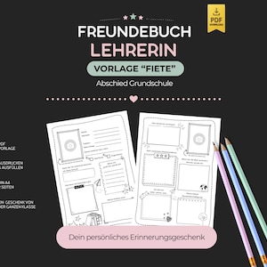 Ausfüllbares Freundebuch für die Grundschullehrerin zum Abschied. Digitale PDF-Vorlage im Design "Fiete"