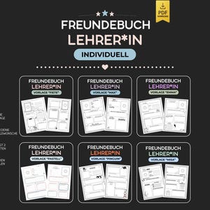 Op de afbeelding: Zwarte afbeelding met de tekst "FREUNDEBUCH LEHRER*IN INDIVIDUELL" en voorbeelden van afdrukbare vriendenboeken voor leraren. De afbeelding bevat pictogrammen en tekst in het Duits, met verschillende boekindelingen.