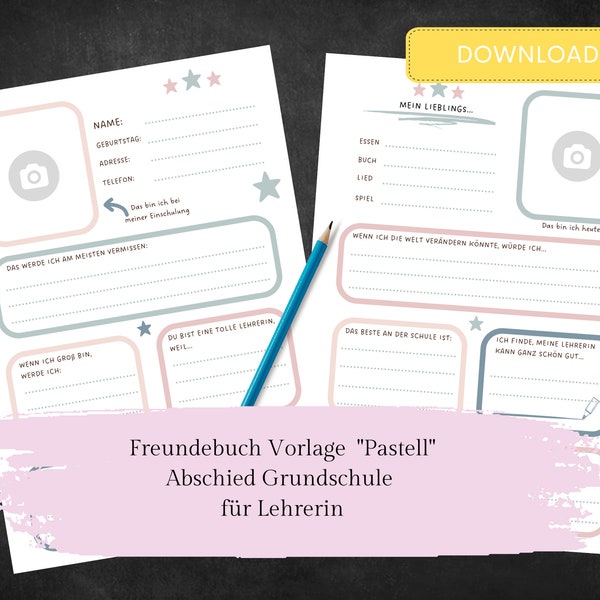 Friends book template "Pastel" to say goodbye to elementary school. DIN A4 for download. Farewell gift for teacher