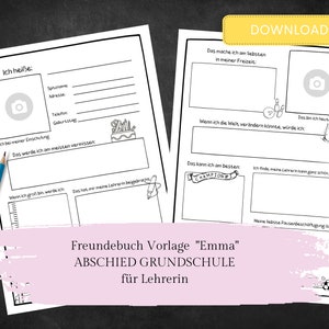 Freundebuch Vorlage "Emma" zum Abschied der Grundschule. DIN A4 zum Download. Abschiedsgeschenk für Lehrerin
