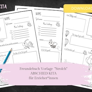 Puede incluir: Páginas imprimibles en blanco y negro con secciones para rellenar con la información de un niño, incluyendo nombre, favoritos y un área para fotos. Las páginas tienen ilustraciones de insectos y globos. La palabra "DOWNLOAD" está en un rectángulo amarillo.
