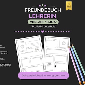 Könnte beinhalten: Schwarzer Hintergrund mit weißem und lila Design für ein Lehrer-Jahrbuch. Der Text enthält "FREUNDEBUCH LEHRERIN VORLAGE 'EMMA' Abschied Grundschule" und "Dein persönliches Erinnerungsgeschenk". Drei Bleistifte in Pastellfarben sind rechts.