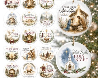 May include: A collection of fifty circular Christmas ornaments featuring religious illustrations, including nativity scenes, churches, and stars, with text such as Hallelujah, O Come Let Us Adore Him, and Silent Night, Holy Night, displayed on a white background.