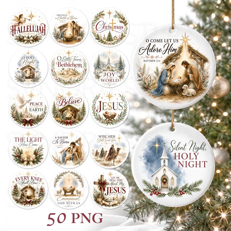 Puede incluir: Una colecci&oacute;n de cincuenta adornos navide&ntilde;os circulares con ilustraciones religiosas, incluyendo escenas de natividad, iglesias y estrellas, con textos como Hallelujah, O Come Let Us Adore Him y Silent Night, Holy Night, sobre un fondo blanco.