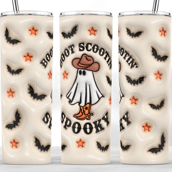 Boot Scoot Spooky Tumbler Wrap png, Cowboy Ghost Tumbler png, Western Halloween Tumbler Sublimation, 3D Inflated Puff Halloween Wrap