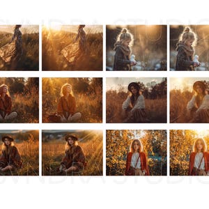 May include: A collection of photographs featuring individuals in a field during the golden hour. The images showcase various poses and outfits, with warm sunlight creating a soft, dreamy atmosphere. The subjects are wearing dresses, hats, and jackets.