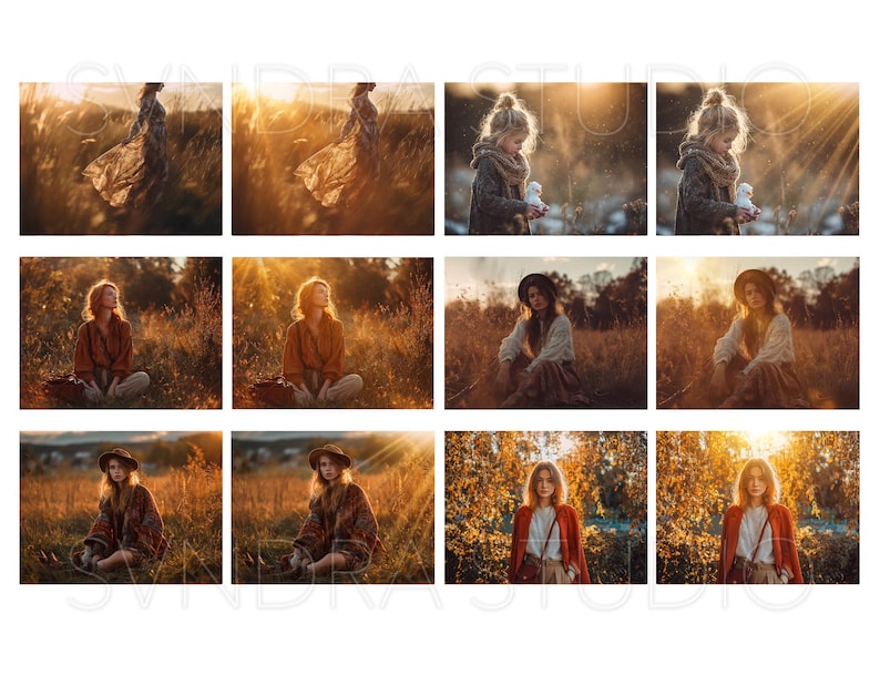 May include: A collection of photographs featuring individuals in a field during the golden hour. The images showcase various poses and outfits, with warm sunlight creating a soft, dreamy atmosphere. The subjects are wearing dresses, hats, and jackets.