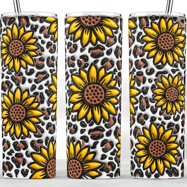 3D Inflated Sunflower Tumbler Wrap, Bubble Sunflowers 20 oz Skinny Tumbler Sublimation Design, sunflowers Leopard Puff Puffy Tumbler png