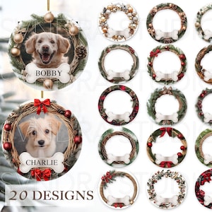 May include: Twenty Christmas ornament designs featuring a wreath with red berries and a dog's head in the center. The ornaments have a white bone with the text "BOBBY" and "CHARLIE" on them.