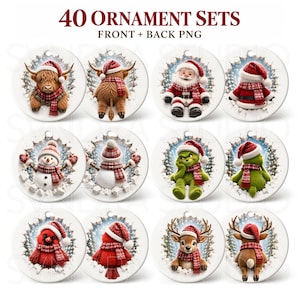 May include: A digital collection of 40 round Christmas ornament designs featuring front and back views of characters including a highland cow, Santa, snowman, green creature, cardinal, and reindeer, all wearing red and white winter accessories.