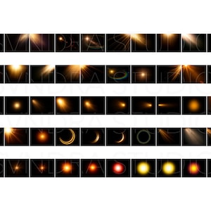 May include: A collection of digital graphics featuring various light effects, including lens flares, sunbursts, and glowing orbs. Each graphic is a different shape and size, with a warm color palette of oranges and yellows against a black background.