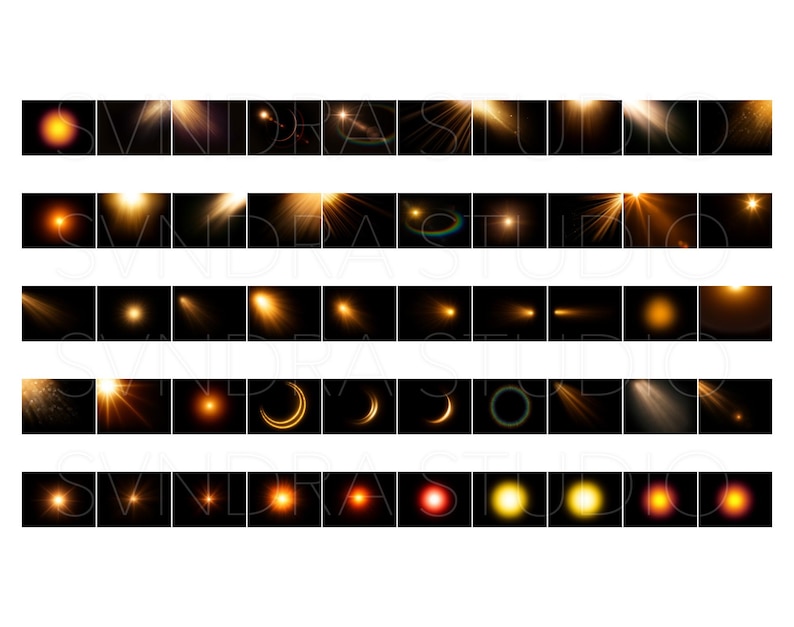 May include: A collection of digital graphics featuring various light effects, including lens flares, sunbursts, and glowing orbs. Each graphic is a different shape and size, with a warm color palette of oranges and yellows against a black background.