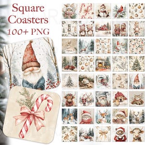 Peut inclure: Un ensemble de plus de 100 images numériques de dessous-de-verre carrés sur le thème de l'hiver et de Noël. Les images comprennent des gnomes, des cannes en sucre, des rennes, des bonhommes de neige et d'autres motifs festifs.