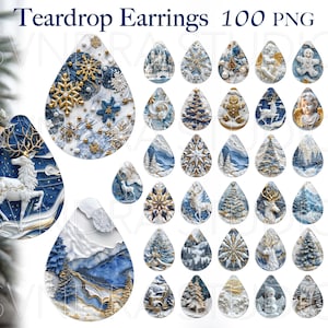 May include: 100 PNG images of teardrop earrings with winter holiday themes. The earrings feature blue and white colors with gold accents. Some designs include reindeer, snowflakes, pine trees, and snowmen.
