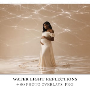 May include: A pregnant person wearing a cream-colored off-the-shoulder gown, standing in a water-like setting with light reflections. The image has a soft, warm color palette. Text at the bottom reads "WATER LIGHT REFLECTIONS +80 PHOTO OVERLAYS PNG."