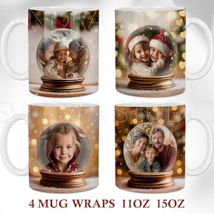 May include: Four white ceramic mugs with holiday-themed designs. Each mug features a snow globe design with a family or child inside. The mugs are printed with the text "4 MUG WRAPS 11OZ 15OZ".