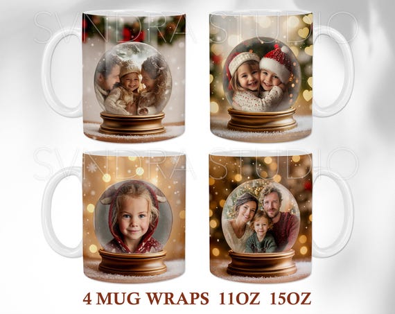 Christmas Mug Wraps PNG, Photo Mug Template PNG, Christmas Mug Sublimation 11oz 15oz, Family Snow Globe Photo Mug