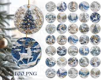 3D-Weihnachtsornamente (PNG), Set mit blauen Weihnachtsornamenten, Sublimations-Ornament-Designs, Set mit runden 3D-Ornamenten (PNG)