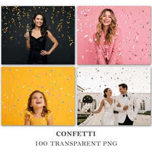 Puede incluir: Cuatro imágenes con personas celebrando con confeti. Una mujer con un vestido negro sostiene una copa de champán. Otra mujer lleva una blazer rosa. Una niña con un vestido amarillo mira hacia arriba. Una pareja con ropa de boda sonríe.
