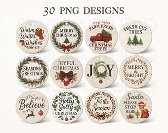 Peut inclure: Un ensemble de 30 designs PNG présentant 12 ornements de Noël circulaires avec divers graphismes de fêtes, incluant des couronnes, un camion rouge, des rennes et des textes comme Warm Winter Wishes, Merry Christmas et Joyful Christmas.