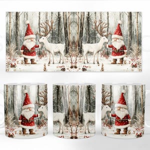 May include: White ceramic mug with a winter scene featuring a red-suited gnome with a white beard, a white deer, and a snowy forest background.
