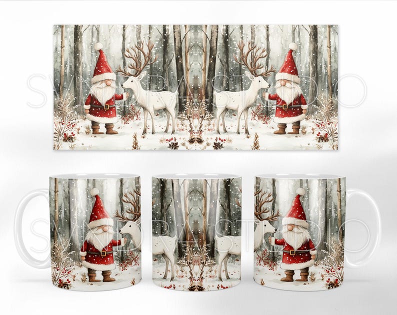 May include: White ceramic mug with a winter scene featuring a red-suited gnome with a white beard, a white deer, and a snowy forest background.