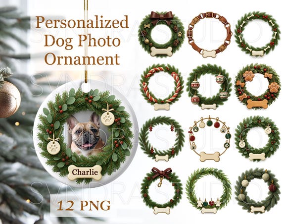 Personalized Dog Photo Ornament PNG Bundle, Dog Christmas Round Ornament png, Christmas Pet Wreath Frame Designs for Sublimation
