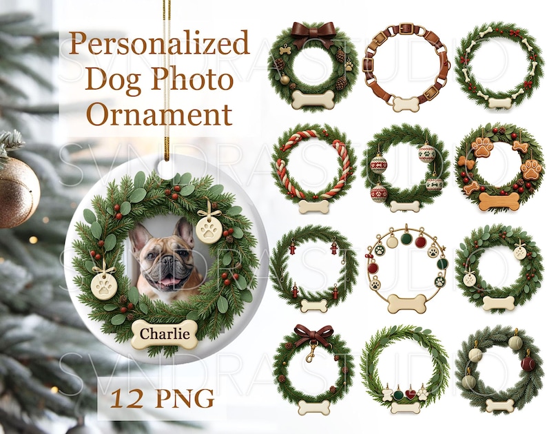 Pode incluir: Enfeites fotogr&aacute;ficos personalizados para c&atilde;es. O enfeite principal apresenta um buldogue franc&ecirc;s com uma coroa de vegeta&ccedil;&atilde;o, bagas e detalhes de pegadas. O texto "Personalized Dog Photo Ornament" &eacute; vis&iacute;vel.