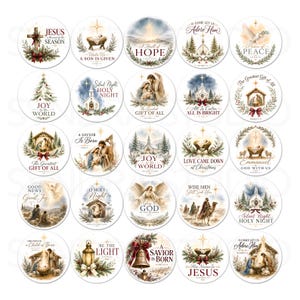 Puede incluir: Una colecci&oacute;n de veinticinco pegatinas circulares con ilustraciones en acuarela de escenas de natividad, iglesias, &aacute;ngeles y vegetaci&oacute;n festiva. Cada pegatina incluye textos religiosos como A Savior Is Born, Silent Night y Joy to the World en una tipograf&iacute;a elegante.