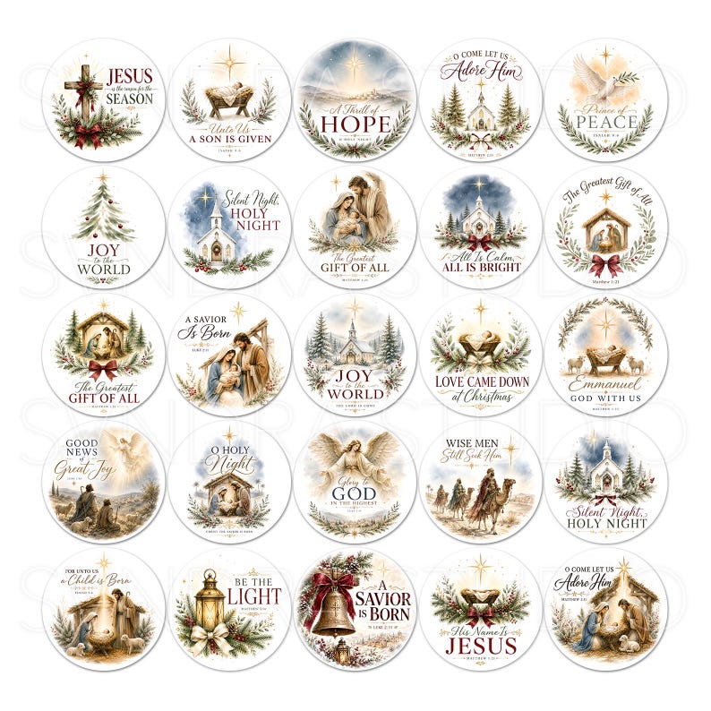 Puede incluir: Una colecci&oacute;n de veinticinco pegatinas circulares con ilustraciones en acuarela de escenas de natividad, iglesias, &aacute;ngeles y vegetaci&oacute;n festiva. Cada pegatina incluye textos religiosos como A Savior Is Born, Silent Night y Joy to the World en una tipograf&iacute;a elegante.