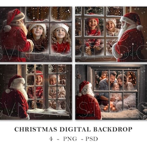 May include: Four digital Christmas backdrops featuring a red-suited Santa Claus, children, and a family in a window setting. The backdrops are ideal for creating festive holiday photos.